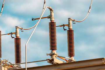 Current and voltage converter for an electrical substation. Dielectric insulator close-up. Transformation and transmission of electricity from generator to consumers