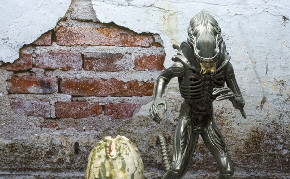 Bologna - Italy - November 4, 2022: Alien Xenomorph with alien egg. Action figure from the original Alien movie by Twentieth Century Fox.