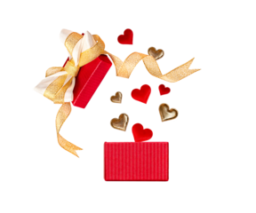 hearts fly out of an open red gift box with a bow