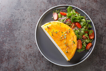 Healthy diet omelet, poulard omelette closeup on the plate on the dark background. Horizontal top view from above