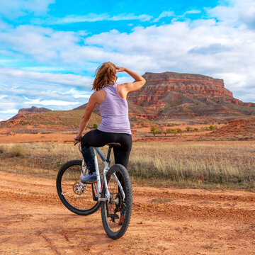 Cyclist riding a bike in the desert ( sierra armantes, Aragon in Spain- Zaragoza province)
