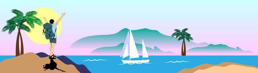 Travelers go on the map along the scenic tourist route. Volumetric map with a laid route. Vector illustration.