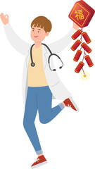 Doctor or paramedic or scientist or medical expert man with chinese new year elements, asian festival