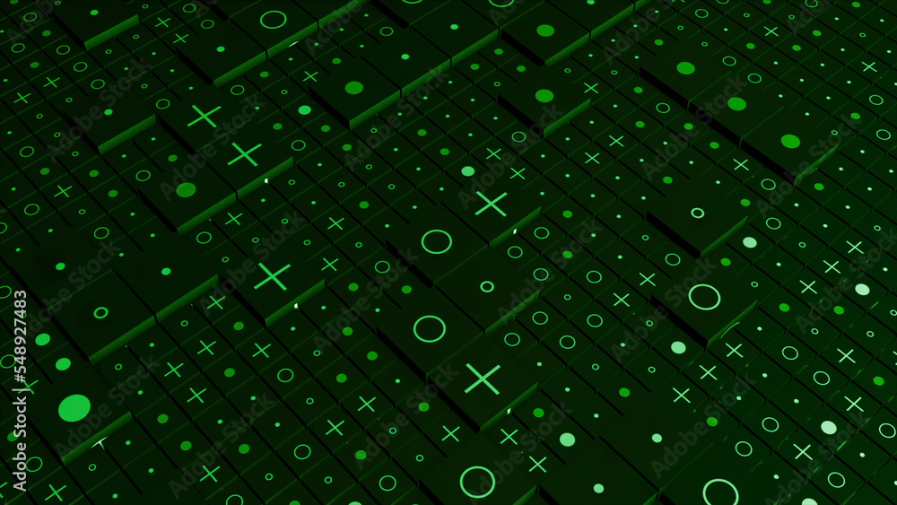 Poster black background. motion . bright buttons highlighted in blue and green showing different codes in t