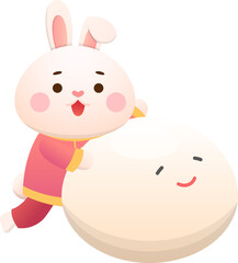 Cute rabbit character or mascot with glutinous rice balls, Lantern Festival or Winter Solstice, delicious glutinous rice sweet food in Asia, playful and cute cartoon style
