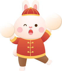 Cute rabbit character or mascot with glutinous rice balls, Lantern Festival or Winter Solstice, delicious glutinous rice sweet food in Asia, playful and cute cartoon style