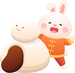 Cute rabbit character or mascot with glutinous rice balls, Lantern Festival or Winter Solstice, delicious glutinous rice dessert in Asia, half with filling flavors