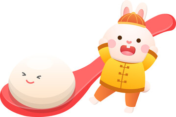 Cute rabbit character or mascot with glutinous rice balls, Lantern Festival or Winter Solstice, delicious glutinous rice sweet food in Asia, playful and cute cartoon style