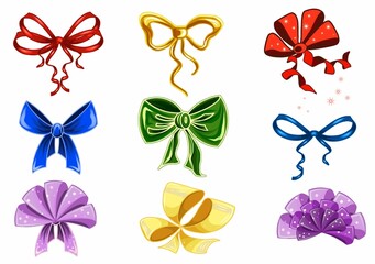  Set of colorful bows with ribbons.  Clipart   JPEG illustration.  Design template, for stickers, creating patterns, wallpaper, wrapping paper,  postcards, fabric, clothing, for children, bed linen