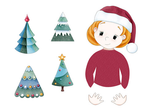 Christmas constructor or designer, consisting of a portrait of a cute cartoon baby girl or gnome in a red cap, hands and different decorative Christmas trees. Digital illustration in watercolor style