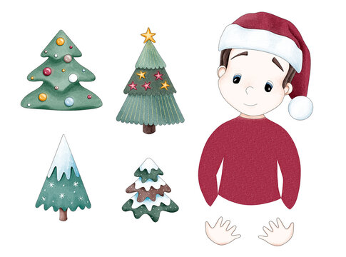 Christmas constructor or designer, consisting of a portrait of a cute cartoon baby boy or gnome in a red cap, hands and 4 different decorative Christmas trees. Digital illustration in watercolor style
