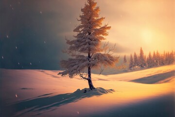 Lonely Tree in the Snow, Golden Glow, Generated Art