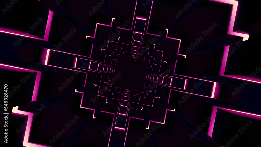 Poster rotating square tunnel with flashing end. design. geometric square tunnel with lines. lines and squa