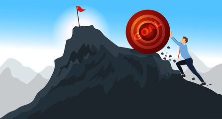 A businessman pushing a target uphill with the inscription goal .business success concept.