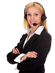 Woman from call center smiling happy talking in hands free headset device