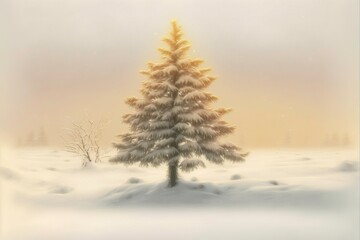 Lonely Tree in the Snow, Golden Glow, Generated Art