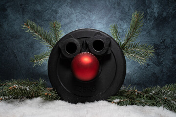 Dumbbells barbell weight plate disc shaped as a reindeer. Christmas tree branches as antlers, red ornament as nose. Healthy fitness holiday season composition. Gym workout and sport training concept.