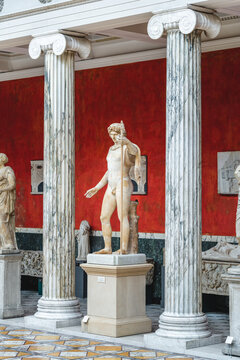 Copenhagen, Denmark. Circa September 2022. Statue of Antinous as Dionysus in the Interior hall of the Ny Carlsberg Glyptotek