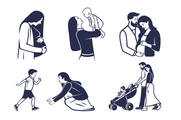 Collection of illustrations on the theme of motherhood, fatherhood, childhood.