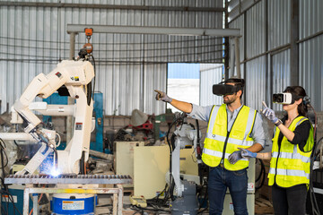 Male engineer and female working control robot arm system welding with VR glasses of virtual...