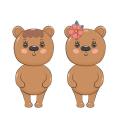 Cute cartoon two teddy bears are standing. Vector illustration for children's designs isolated on white