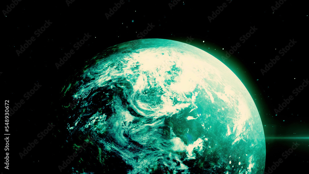 Poster abstract spherical space body rotating in front of stars. motion. turquoise planet spinning in outer