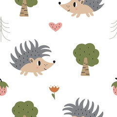 Cute seamless pattern with hedgehog, cones and trees. Hand drawn vector illustration isolated on white background.