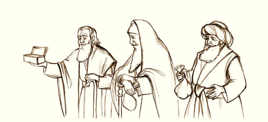 Pencil drawing. Wise men brought gifts to Jesus