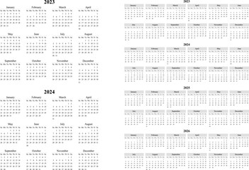 Calendar 2023 template layout vector set. English 2023 Yearly calendar. New year planner design. A3, A4, A5 or letter format.
