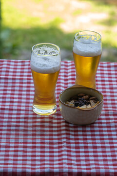 Beer glass on the table with a checkered tablecloth and snacks