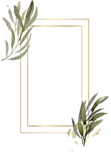 Watercolor eucalyptus leaf and gold frame illustration