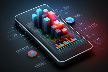 Illustration about market analysis 3D graphics on mobile phones. Made by AI.