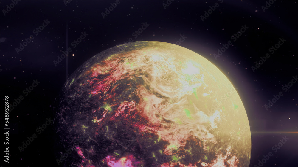 Poster a bright view of space . motion . a beautiful planet rotates in an animation that shimmers with brig