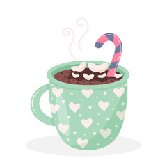 Christmas coffee mug with hearts ornament, candy cane and hearts marshmallow. Cute hot drink isolated on white background.