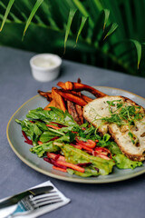 Outdoors shot of sweet potato and salad on the table