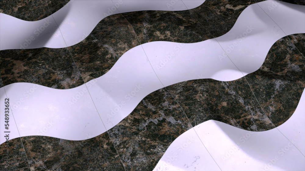 Poster gray-white carpet with patterns. motion.computer graphics with a floor that rises and falls in diffe