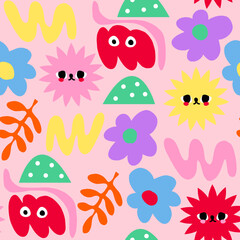 Abstract Hand Drawing Cute Geometric Shapes Flowers Leaves Clouds Seamless Vector Baby Pattern Isolated Background