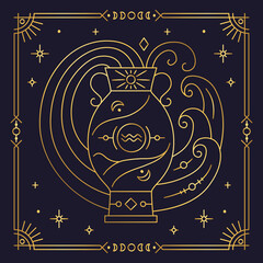 Aquarius zodiac astrological horoscope golden sign dark navy card. Stylized Water Bearer symbol of esoteric, zodiacal astrological calendar, horoscope constellation thin line vector illustration - obrazy, fototapety, plakaty