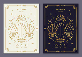 Libra zodiac horoscope golden signs on dark navy and white cards set. Stylized symbols of esoteric, zodiacal astrological calendar, horoscope constellation, cover design thin line vector illustration © Sunflower