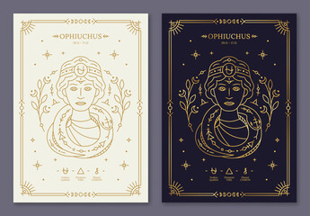 Ophiuchus zodiac horoscope golden signs on dark navy and white cards set. Stylized thirteenth symbol of esoteric, zodiacal astrological calendar, horoscope constellation thin line vector illustration