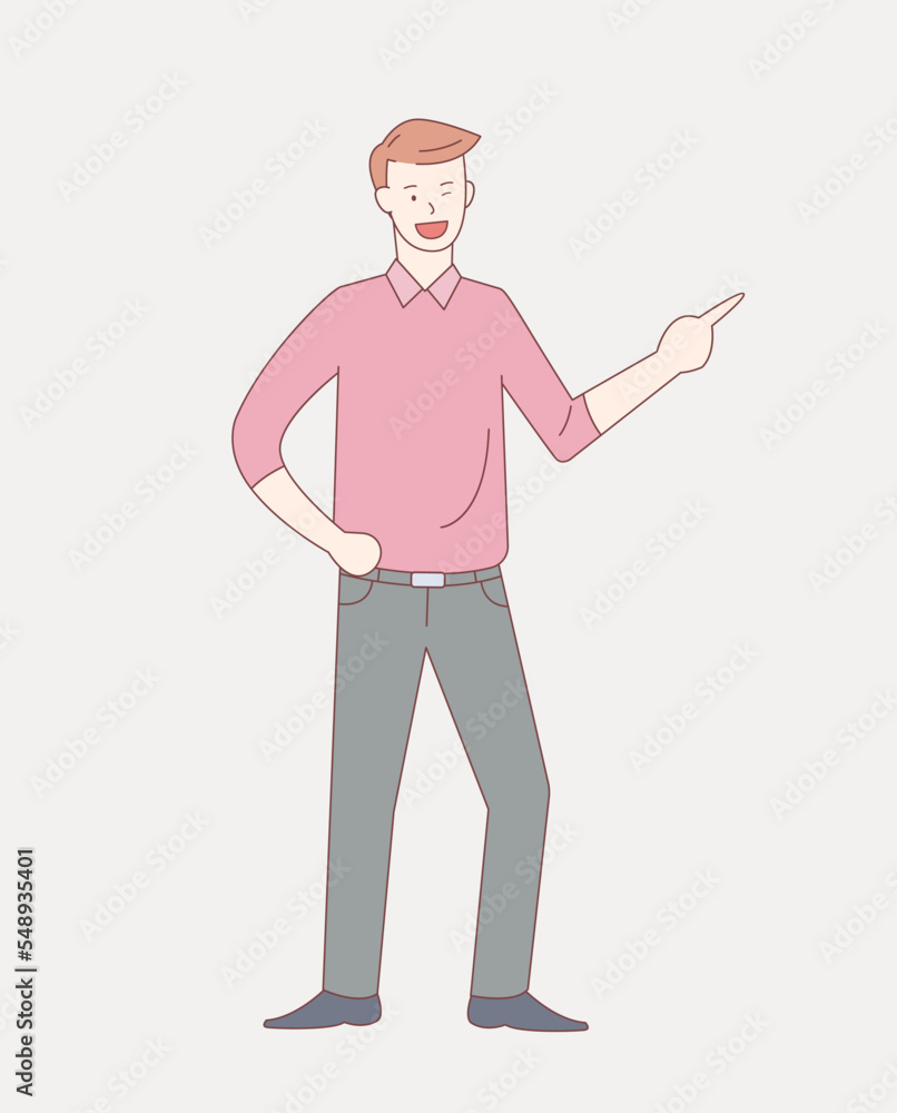 Poster man smile and pointing hand with outline or line and clean simple style