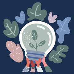 Cartoon vector illustration of Hands holding green ecology light bulb