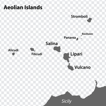 Blank map Aeolian Islands in gray. Every Island map is with titles. High quality map of  Aeolian Islands on transparent background for your  design.     Italy. EPS10.