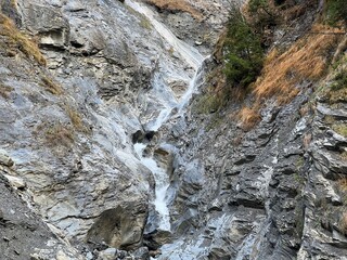 Waterfalls on alpine stream Tellerbach in the Calfeisental valley and in the UNESCO World Heritage Tectonic Arena Sardona (UNESCO-Welterbe Tektonikarena Sardona), Vättis - Switzerland (Schweiz)