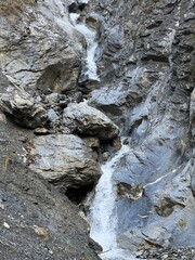 Waterfalls on alpine stream Tellerbach in the Calfeisental valley and in the UNESCO World Heritage Tectonic Arena Sardona (UNESCO-Welterbe Tektonikarena Sardona), Vättis - Switzerland (Schweiz)