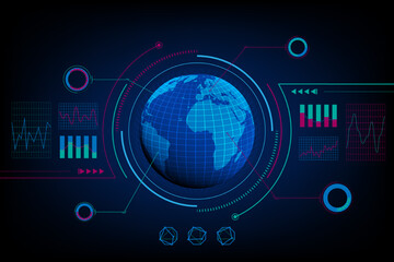 virtual interface of earth planet, HUD globe data screen, abstract futuristic technology
