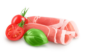 Italian prosciutto crudo or spanish jamon. Raw ham isolated on white background with full depth of field.