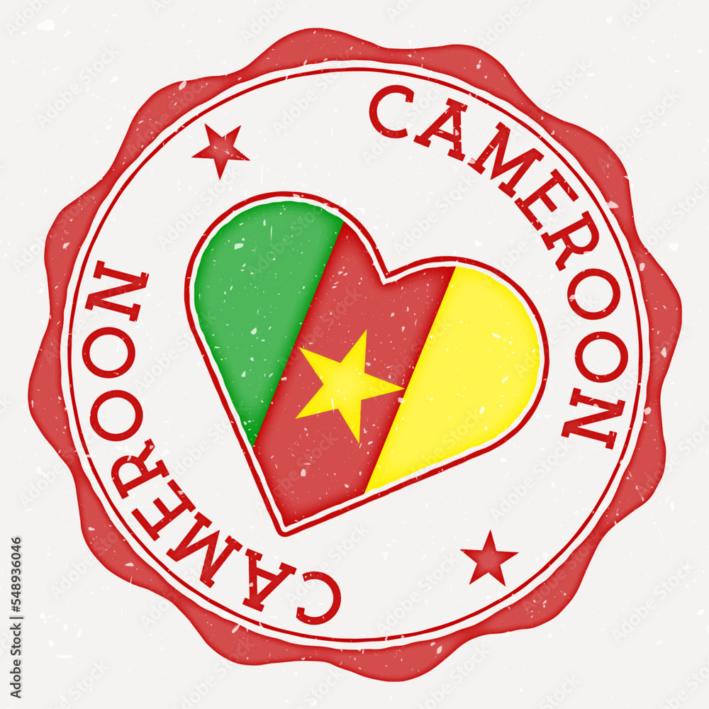Poster cameroon heart flag logo. country name text around cameroon flag in the shape of a heart. authentic 