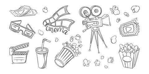 Cinema film, camera, popcorn and other objects. Cinema set in doodle style. Vector illustration isolated on white background