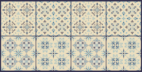 Seamless blue tile with Islam, Arabic, Indian, ottoman motifs. Majolica pottery tile. Portuguese and Spain azulejo. Ceramic tile in talavera style. Vector illustration.